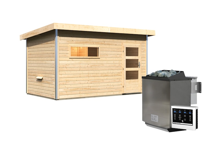 Karibu Saunahaus Skrollan 3 mit Vorraum naturbelassen (Rechteckfenster) inkl. gratis Saunaofen im Wert von 599,99 €