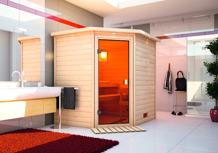 Karibu Woodfeeling Sauna Mia - 38 mm Massivholz Aktionssauna inkl. gratis Saunaofen im Wert von 599,99 €