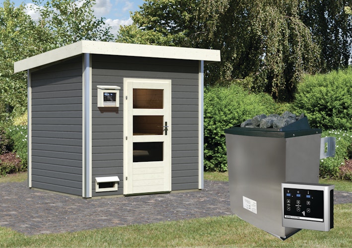 Karibu Gartensauna Pultdach Saunahaus Norge terragrau inkl. gratis Saunaofen im Wert von 599,99 €