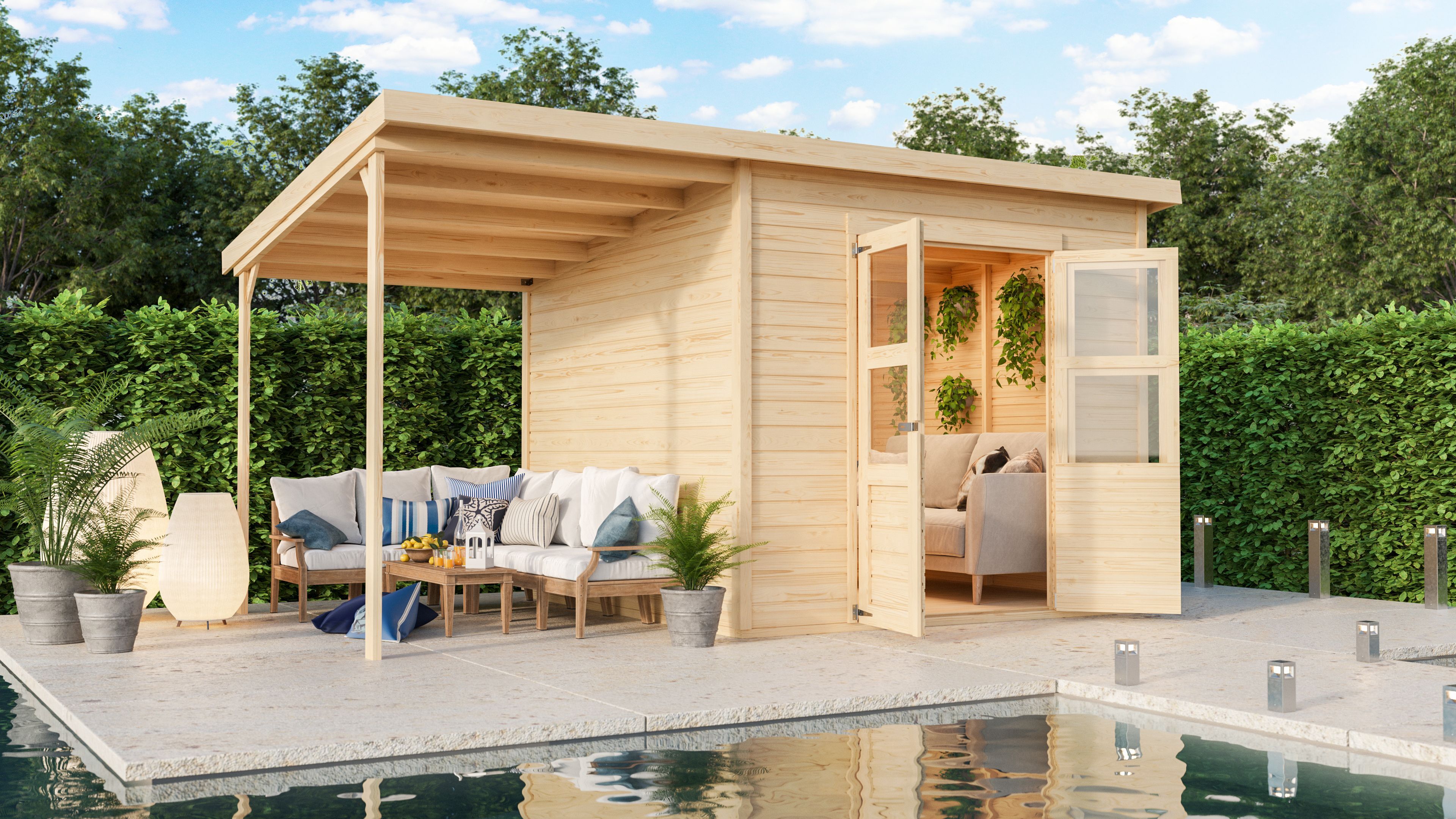 Karibu Eco Gartenhaus Merseburg 6 inkl. Anbaudach - Sparset inkl. gratis Fenster im Wert von bis zu 59,99 €