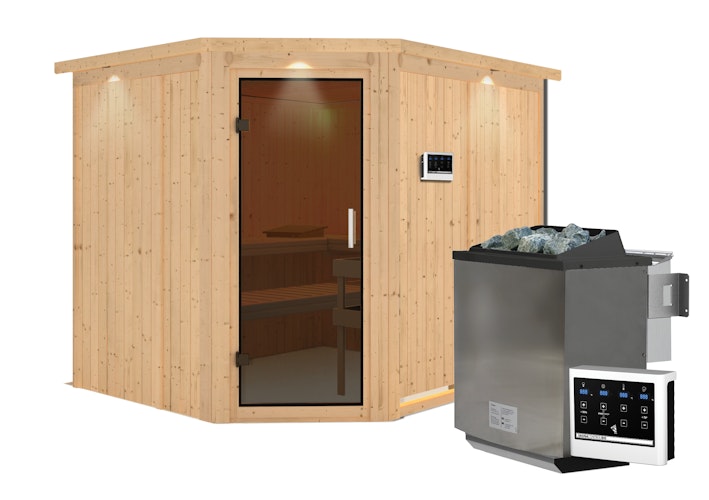 Karibu Sauna Malin mit Eckeinstieg 68 mm inkl. gratis Saunaofen im Wert von 599,99 €