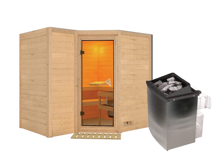 Karibu Sauna Sahib 2-Massivholzsauna 38 mm -Eckeinstieg - Exklusivoptik inkl. gratis Saunaofen im Wert von 599,99 €
