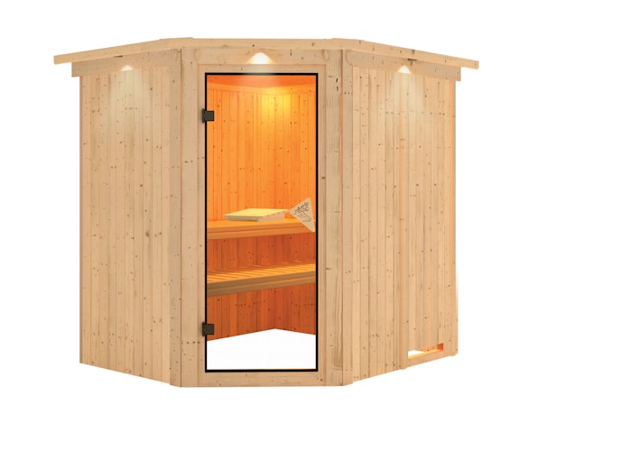 Karibu Sauna Siirin mit Eckeinstieg 68 mm inkl. gratis Saunaofen im Wert von 599,99 €