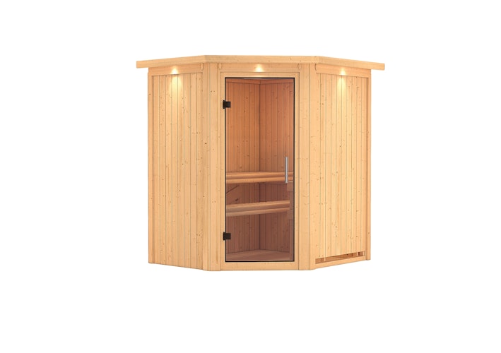 Karibu Sauna Taurin mit Eckeinstieg 68 mm inkl. gratis Saunaofen im Wert von 599,99 €