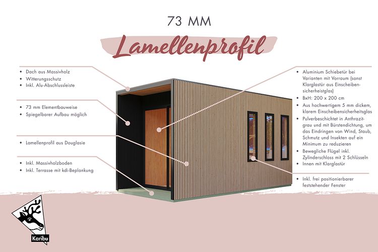 Karibu Design Saunahaus Miramar mit Vorraum - Douglasie-Lamellenprofil  - 73 mm