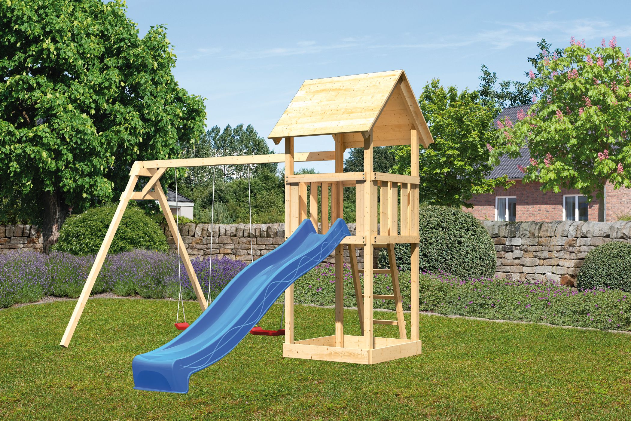 Akubi Kinderspielturm Lotti mit Satteldach inkl. Wellenrutsche und Doppelschaukelanbau (Set B) inkl. gratis Akubi Farbsystem