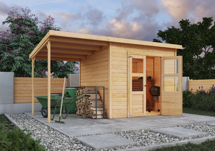 Karibu Eco Gartenhaus Merseburg 4 inkl. Anbaudach - Sparset inkl. gratis Fenster im Wert von bis zu 59,99 €