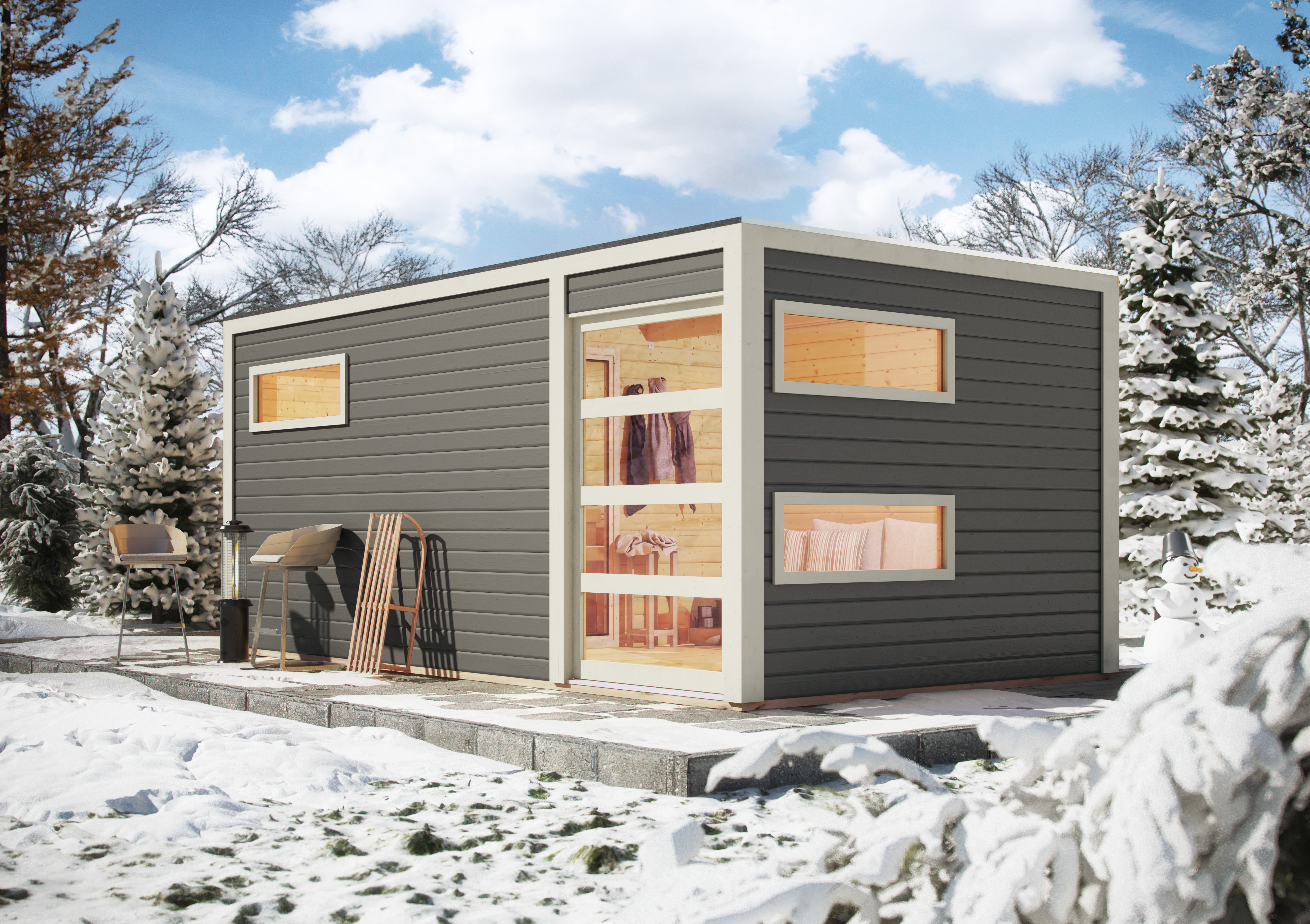 Karibu Gartensauna Saunahaus Hygge inkl. Vorraum, terragrau inkl. 9-teiligem Gratis-Zubehörpaket im Wert von 137,95 €