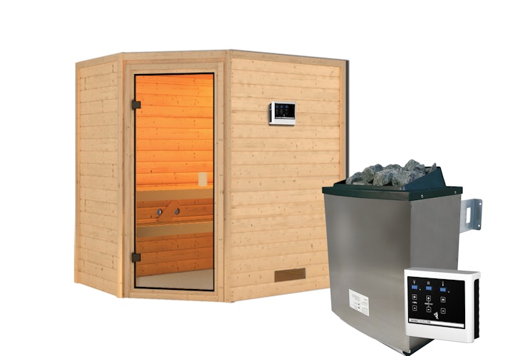 Karibu Woodfeeling Sauna Jella - 38 mm Massivholz Aktionssauna inkl. gratis Saunaofen im Wert von 599,99 €