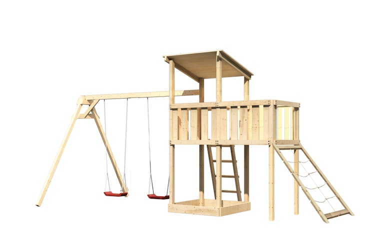 Akubi Kinderspielturm Anna mit Pultdach inkl. Doppelschaukel, Anbauplattform und Netzrampe