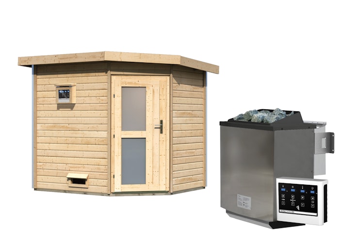 Karibu Gartensauna Pultdach Saunahaus Mikka mit Eckeinstieg naturbelassen inkl. gratis Saunaofen im Wert von 599,99 €