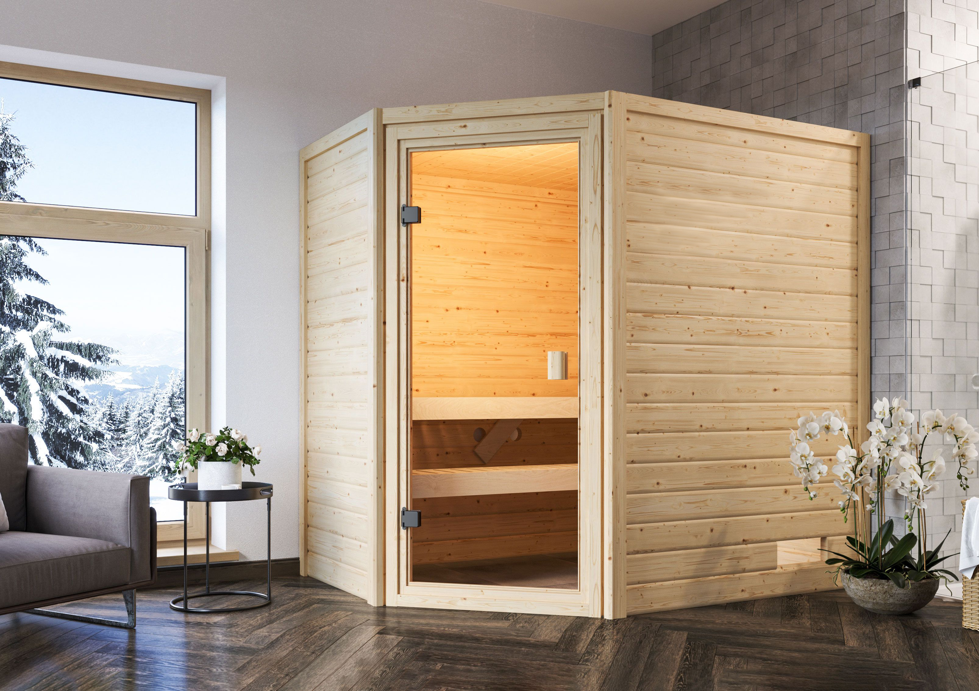 Karibu Woodfeeling Sauna Jella - 38 mm Massivholz Aktionssauna inkl. gratis Sauna-Zubehörset im Wert von 234,94 €