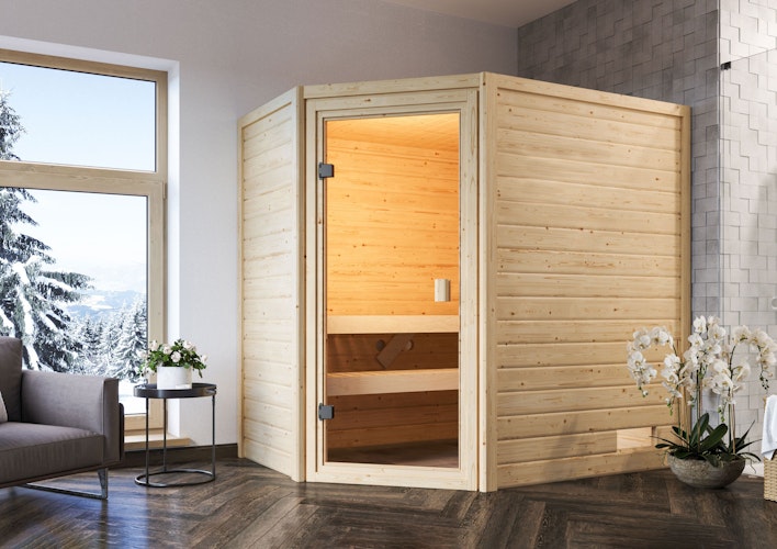Karibu Woodfeeling Sauna Jella - 38 mm Massivholz Aktionssauna inkl. gratis Saunaofen im Wert von 599,99 €
