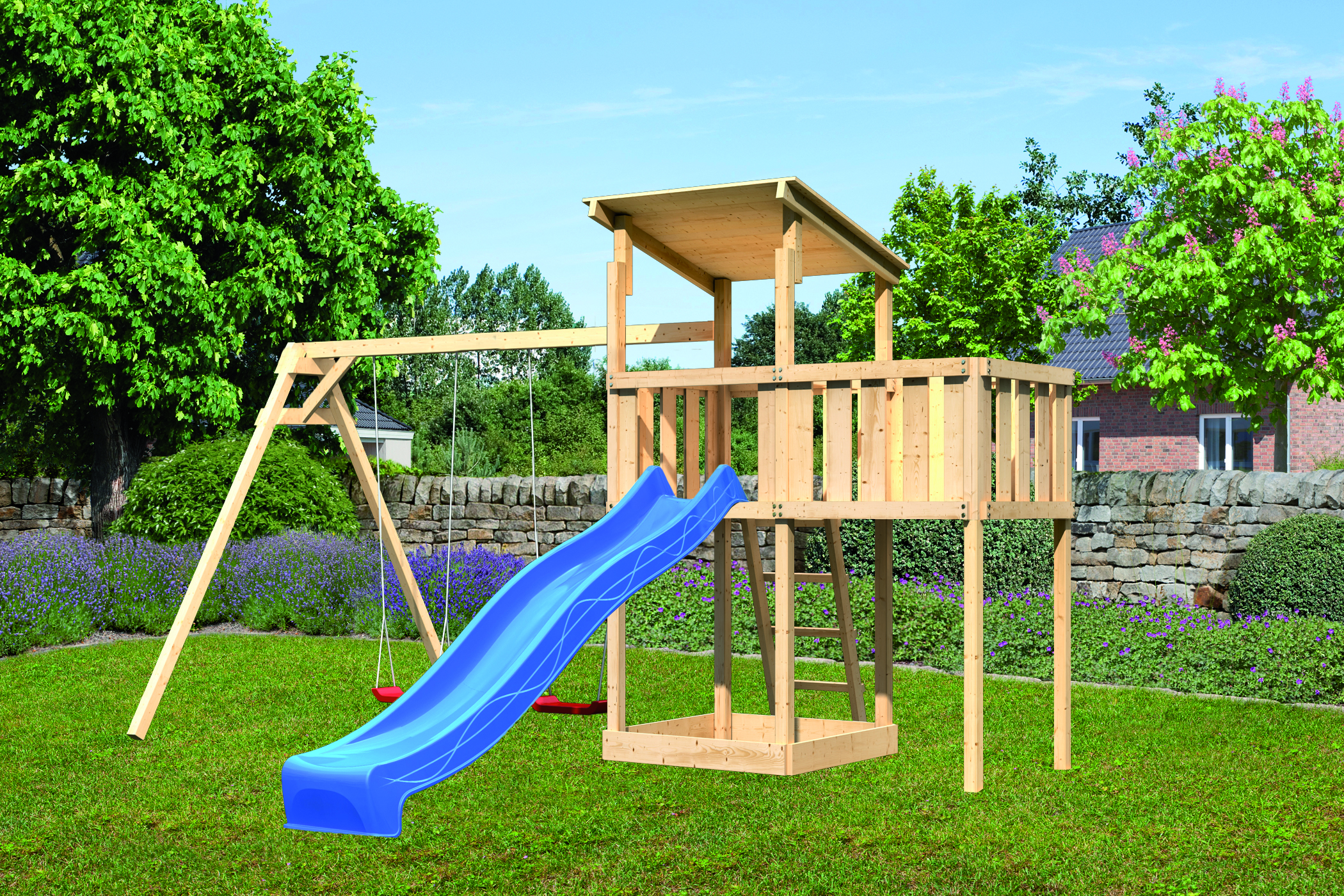 Akubi Kinderspielturm Anna mit Pultdach inkl. Wellenrutsche, Doppelschaukel und Anbauplattform