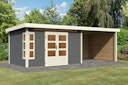 Karibu Premium Gartenhaus Kastorf 6/7 mit Fensterecke - inkl. 320 cm Anbaudach - 28 mm
