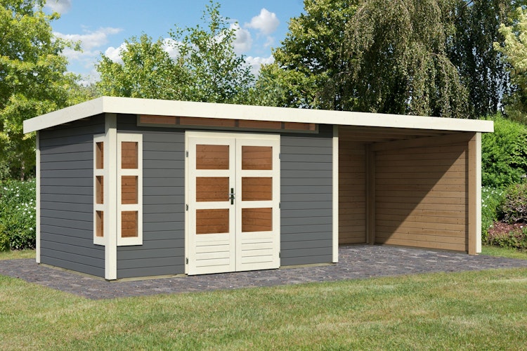 Karibu Premium Gartenhaus Kastorf 6/7 mit Fensterecke - inkl. 320 cm Anbaudach - 28 mm