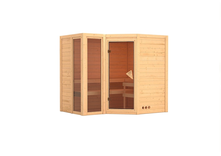 Karibu Sauna Amara-Massivholzsauna 38 mm -Eckeinstieg - Exklusivoptik inkl. gratis Saunaofen im Wert von 599,99 €