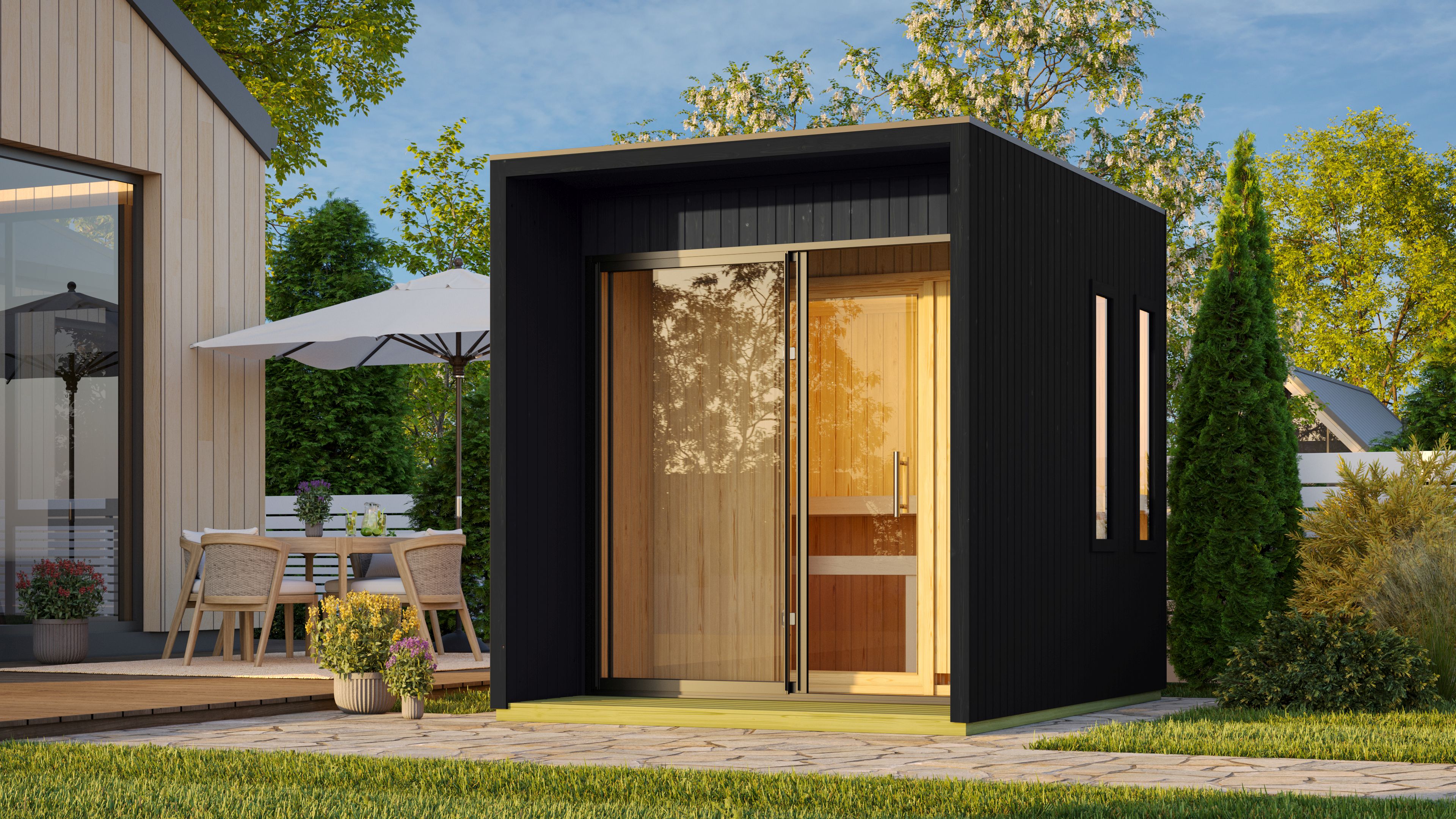 Karibu Design Saunahaus Catalina Blackline mit Vorraum - 73 mm inkl. 5-teiligem Gratis-Zubehörpaket im Wert von 100 €