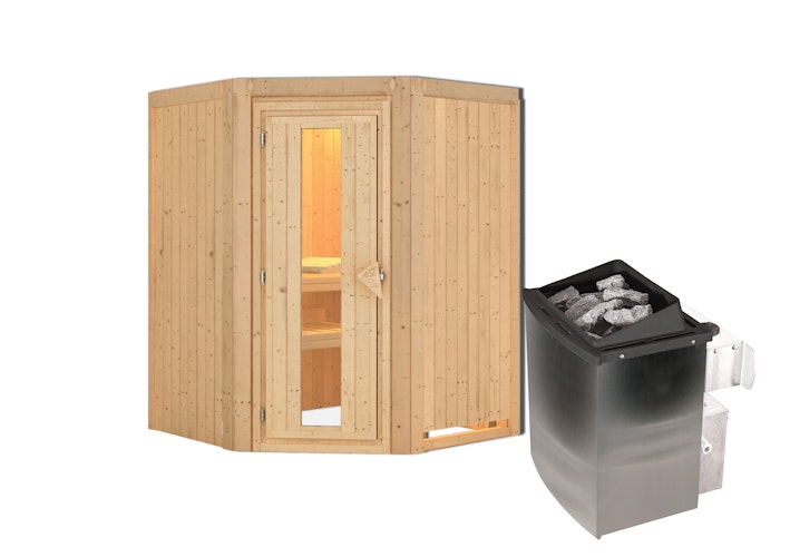 Karibu Sauna Larin mit Eckeinstieg 68 mm inkl. gratis Saunaofen im Wert von 599,99 €