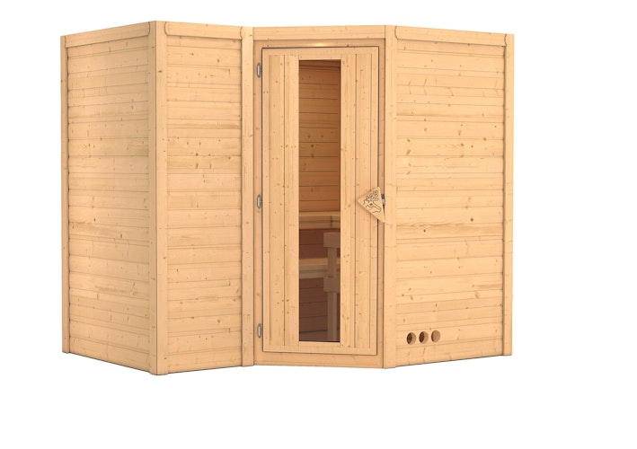 Karibu Sauna Sahib 2-Massivholzsauna 38 mm -Eckeinstieg - Exklusivoptik