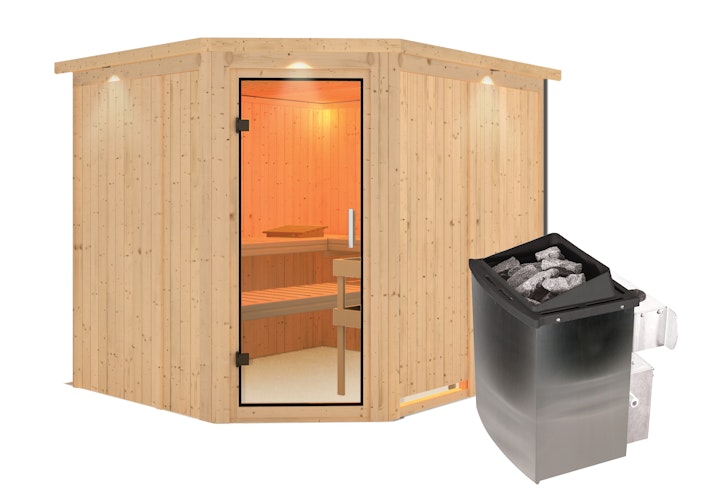 Karibu Sauna Malin mit Eckeinstieg 68 mm inkl. gratis Saunaofen im Wert von 599,99 €