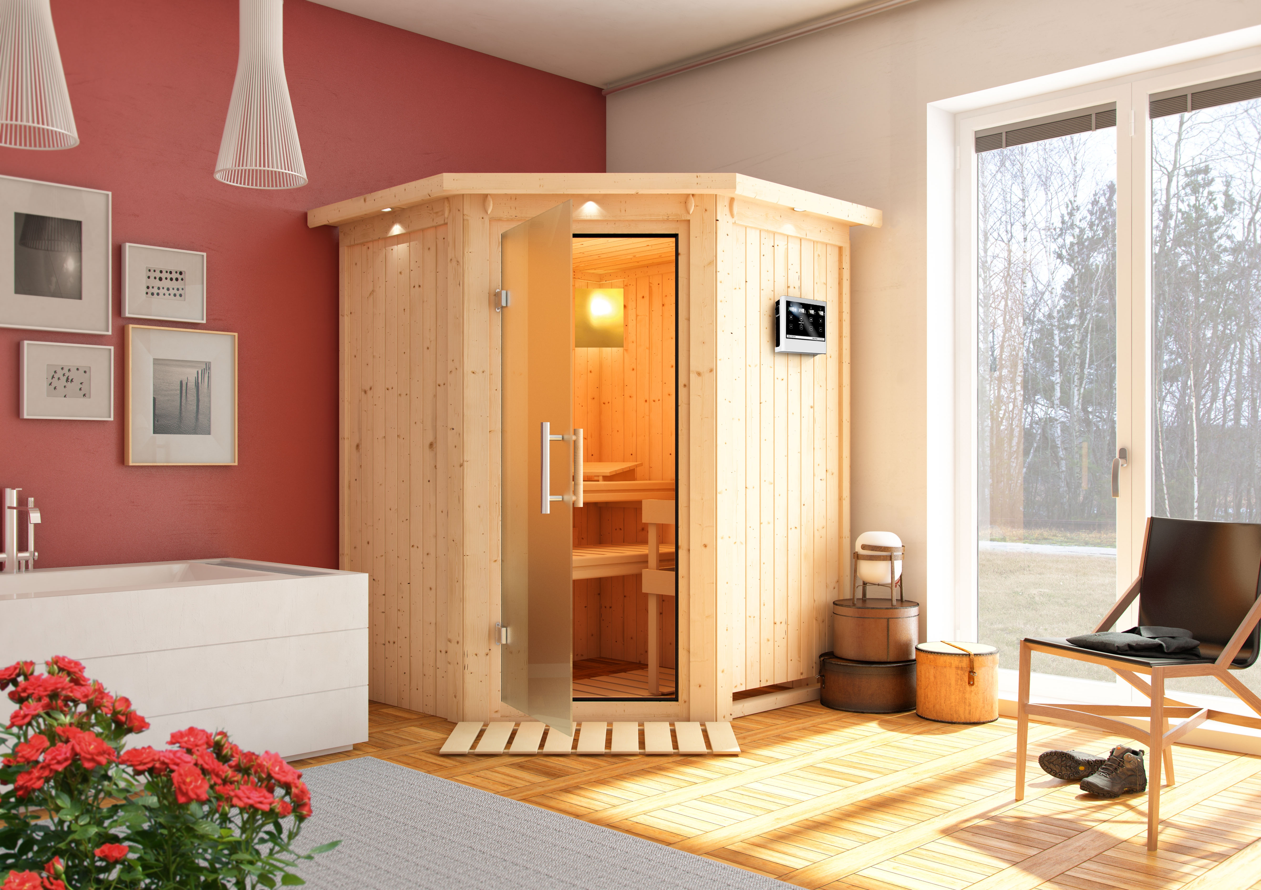 Karibu Sauna Larin mit Eckeinstieg 68 mm inkl. gratis 9 kW Bio-Saunaofen im Wert von 879,99 €