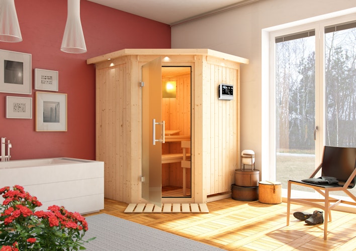 Karibu Sauna Larin mit Eckeinstieg 68 mm inkl. gratis Saunaofen im Wert von 599,99 €