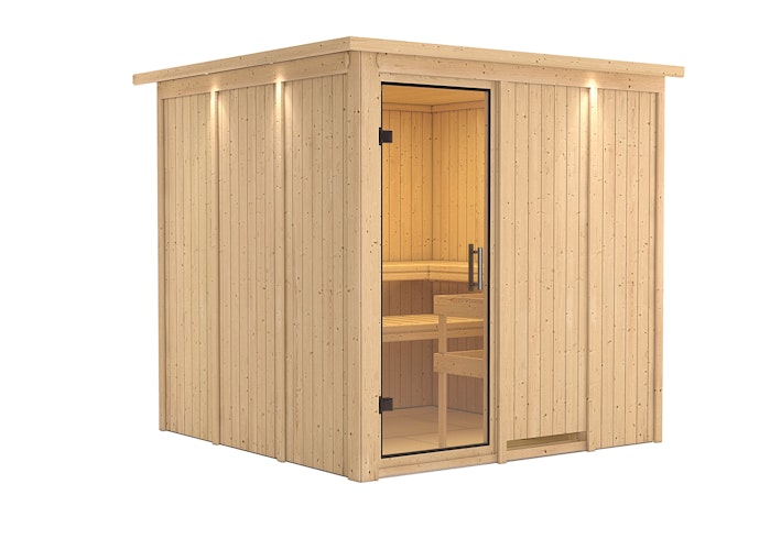 Karibu Sauna Rodin mit Fronteinstieg 68 mm inkl. gratis Saunaofen im Wert von 599,99 €