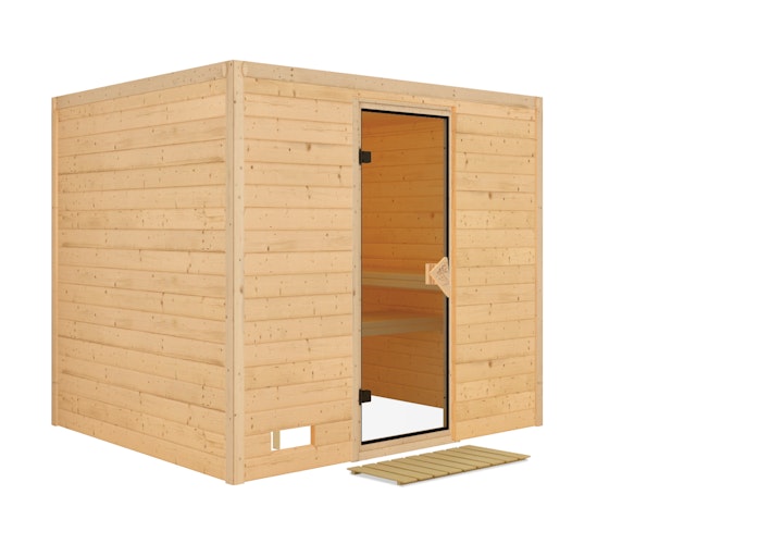 Karibu Sauna Sonara - Massivholzsauna mit Fronteinstieg 38 mm inkl. gratis Saunaofen im Wert von 599,99 €