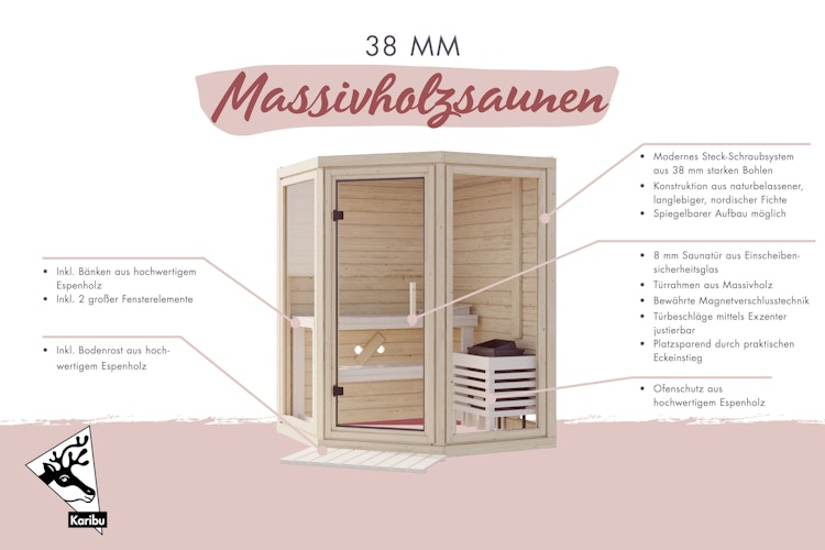 Karibu Sauna Yuma - Massivholzsauna mit Eckeinstieg 38 mm inkl. gratis Saunaofen im Wert von 599,99 €