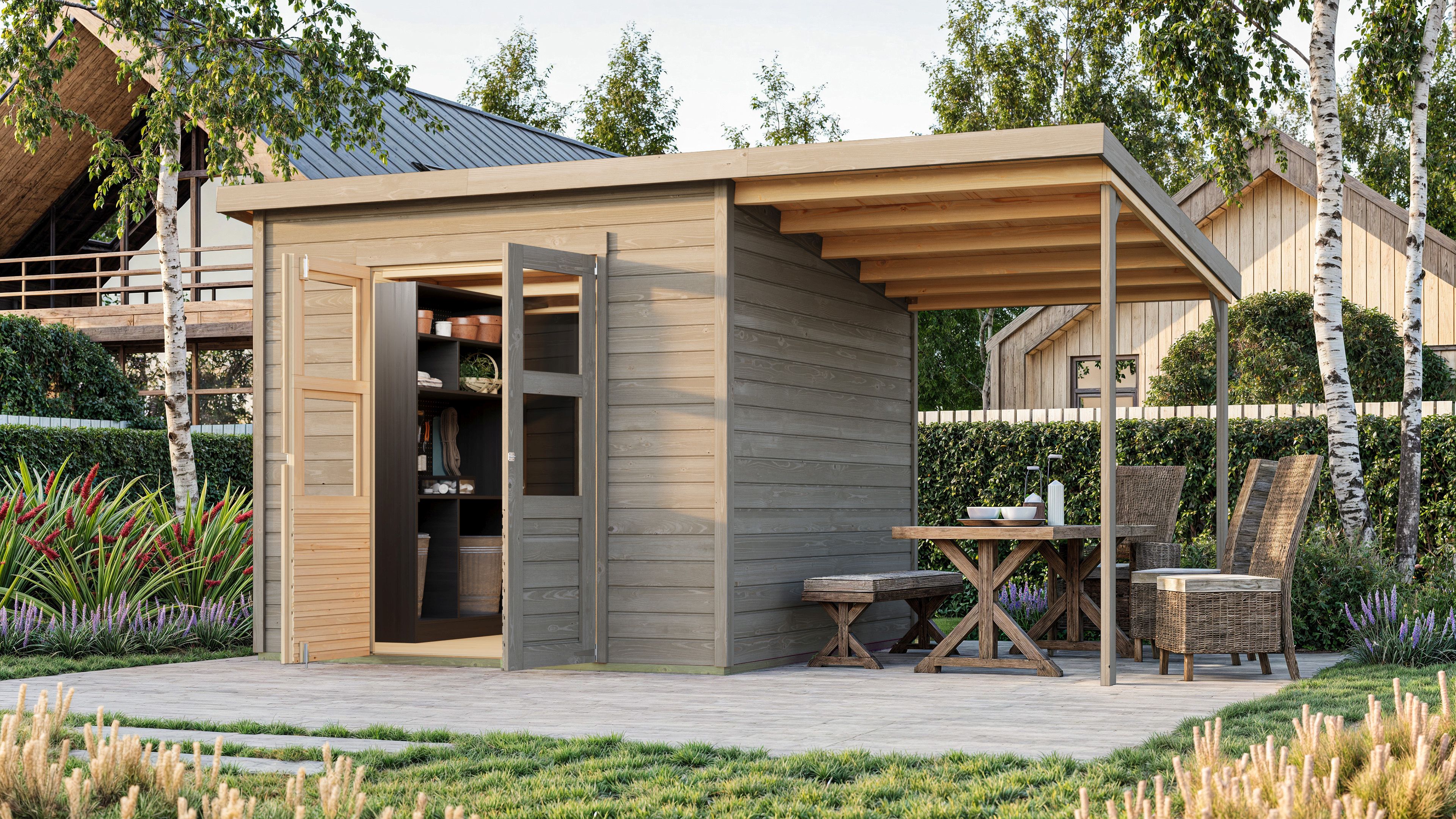 Karibu Eco Gartenhaus Merseburg 4 inkl. Anbaudach - Sparset inkl. gratis Fenster im Wert von bis zu 59,99 €