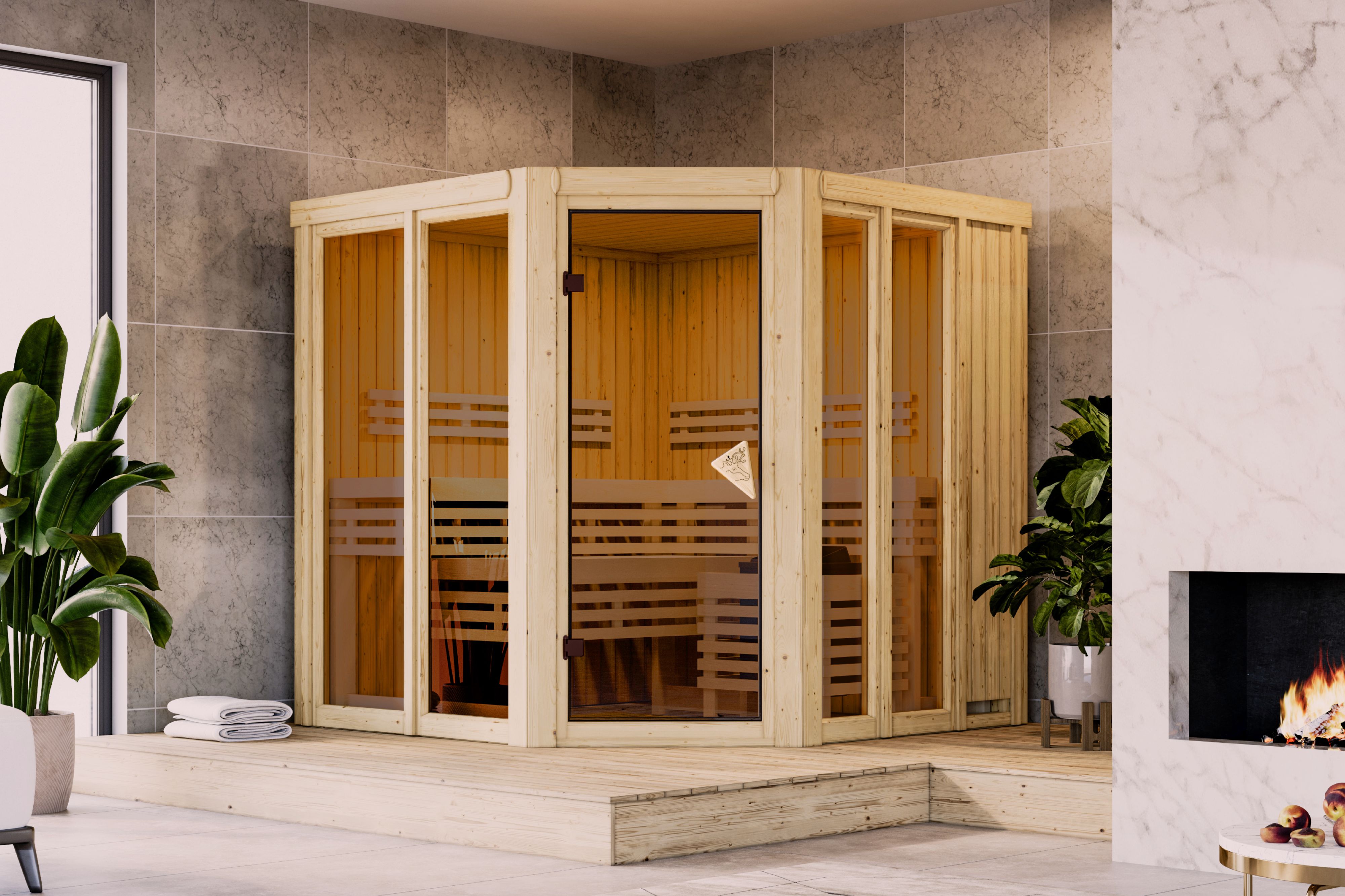 Karibu Sauna Airi Superior mit Eckeinstieg 68 mm inkl. 9-teiligem Gratis-Zubehörpaket im Wert von 137,95 €