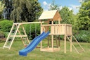 Akubi Kinderspielturm Lotti mit Satteldach inkl. Wellenrutsche, Doppelschaukelanbau, Klettergerüst, Anbauplattform und Netzrampe