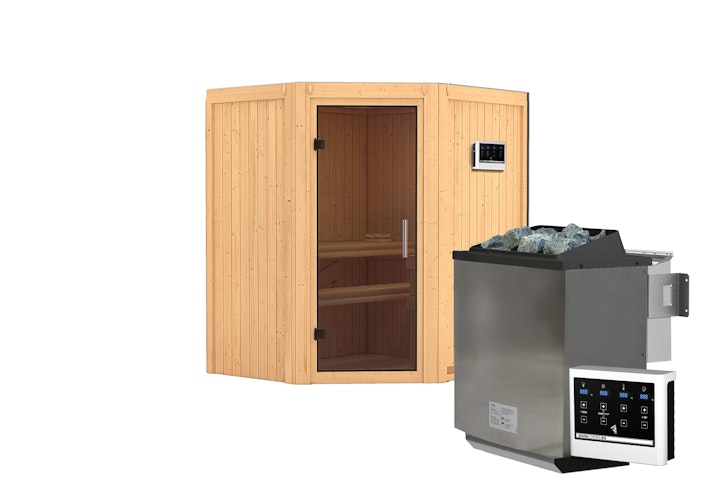 Karibu Sauna Taurin mit Eckeinstieg 68 mm inkl. gratis Saunaofen im Wert von 599,99 €