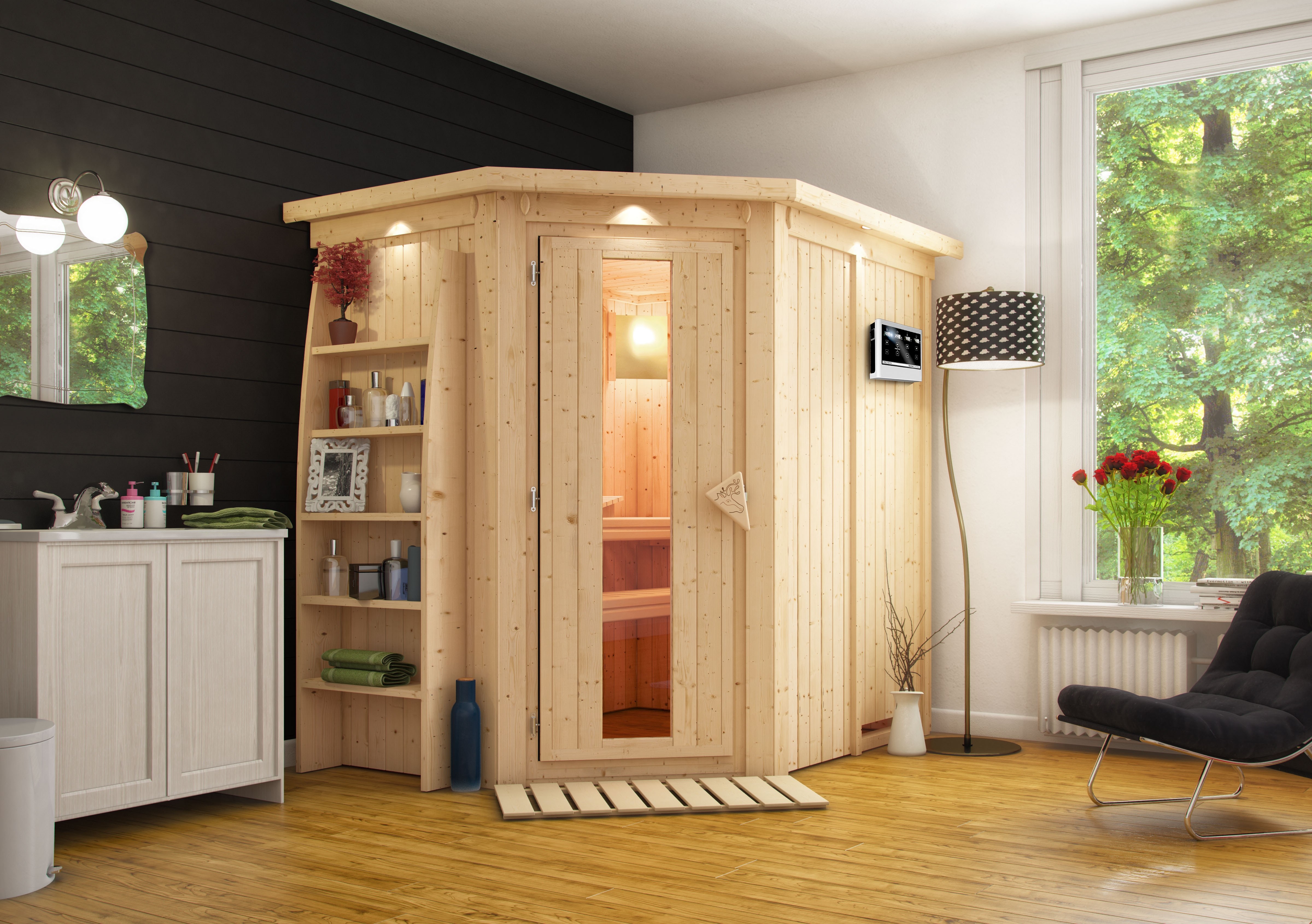 Karibu Sauna Carin mit Eckeinstieg 68 mm inkl. 9-teiligem Gratis-Zubehörpaket im Wert von 137,95 €