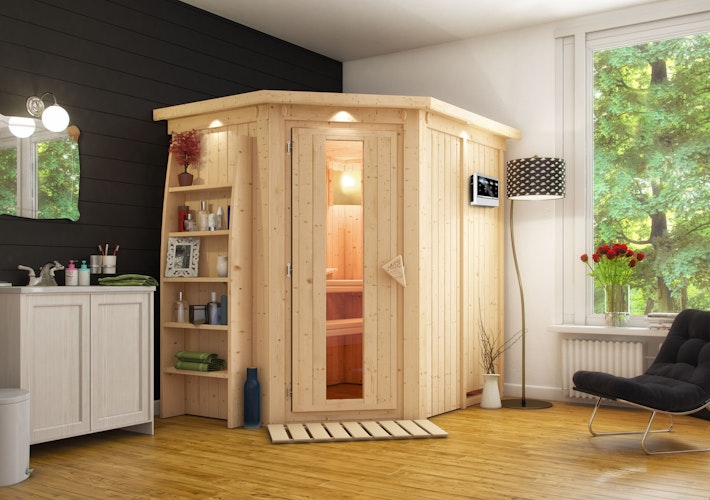 Karibu Sauna Carin mit Eckeinstieg 68 mm inkl. gratis Saunaofen im Wert von 599,99 €