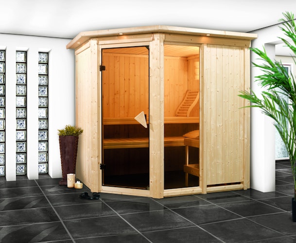 Karibu Sauna Fiona 1 mit Eckeinstieg 68 mm inkl. gratis Saunaofen im Wert von 599,99 €