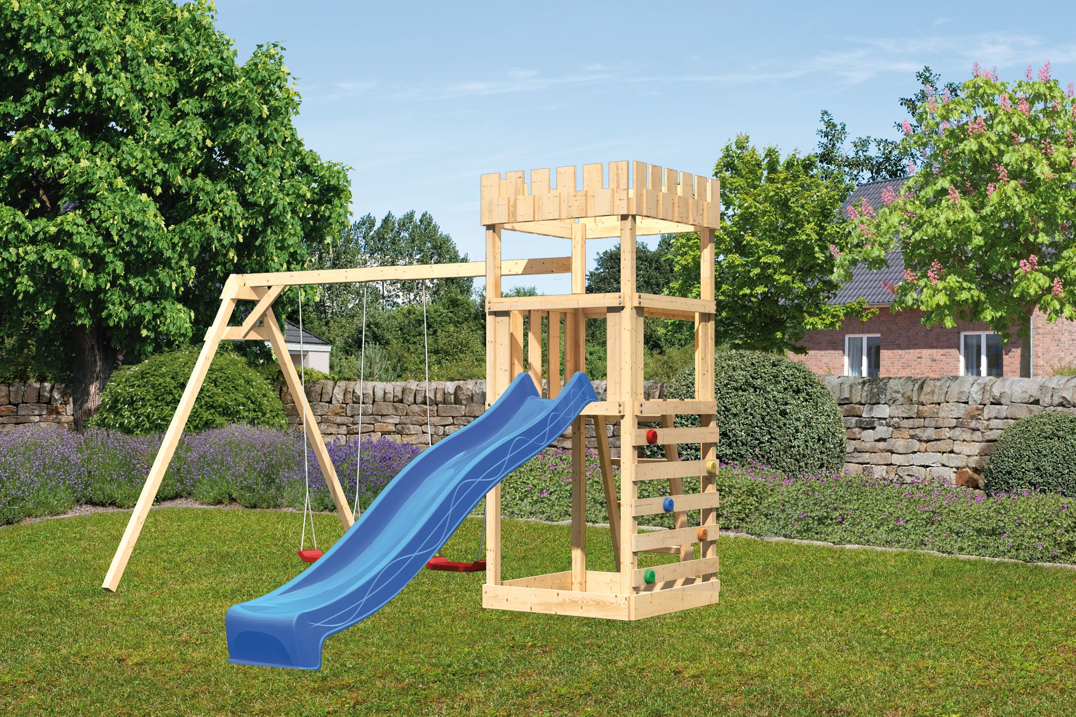 Akubi Kinderspielturm Ritterburg Löwenherz inkl. Wellenrutsche, Doppelschaukelanbau und Kletterwand