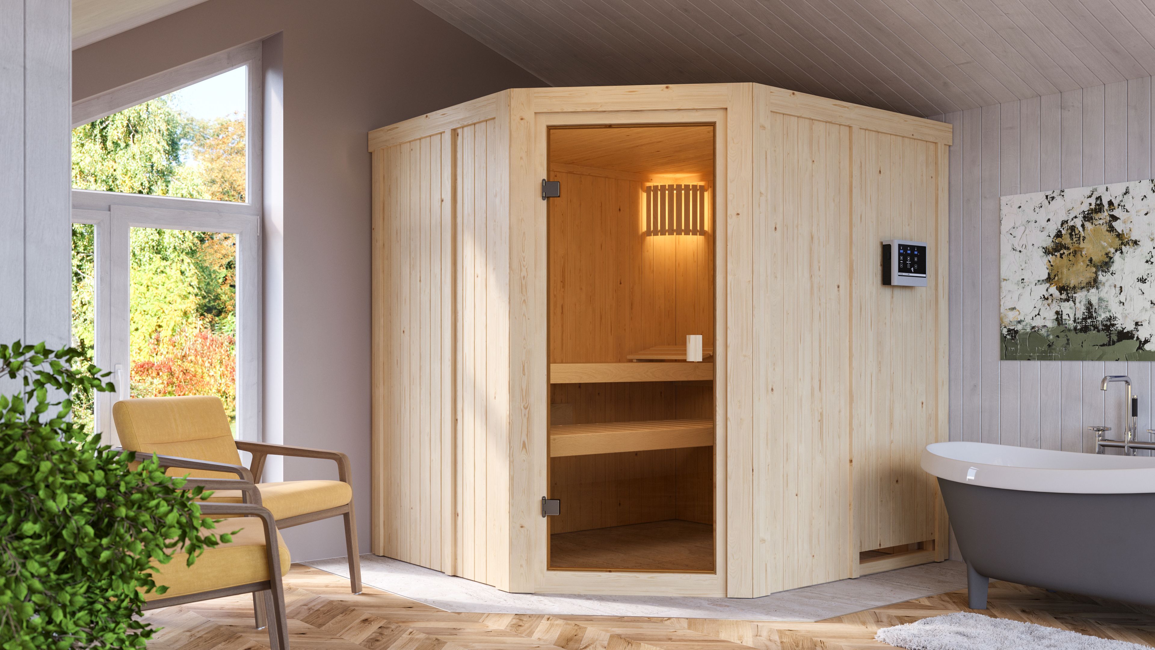 Karibu Woodfeeling Sauna Bodo - 68 mm Aktionssauna inkl. 5-teiligem Gratis-Zubehörpaket im Wert von 100 €