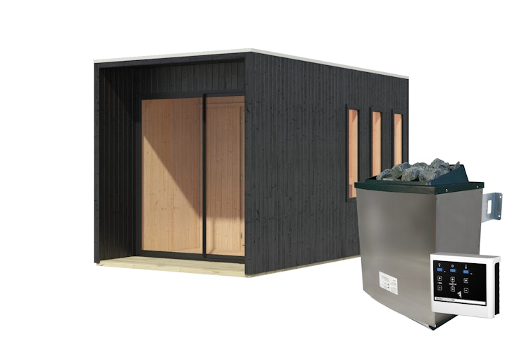 Karibu Design Saunahaus Miramar Blackline mit Vorraum - 73 mm inkl. gratis Saunaofen im Wert von 599,99 €
