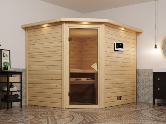 Karibu Sauna Tanami - Massivholzsauna mit Eckeinstieg 38 mm inkl. gratis Saunaofen im Wert von 599,99 €