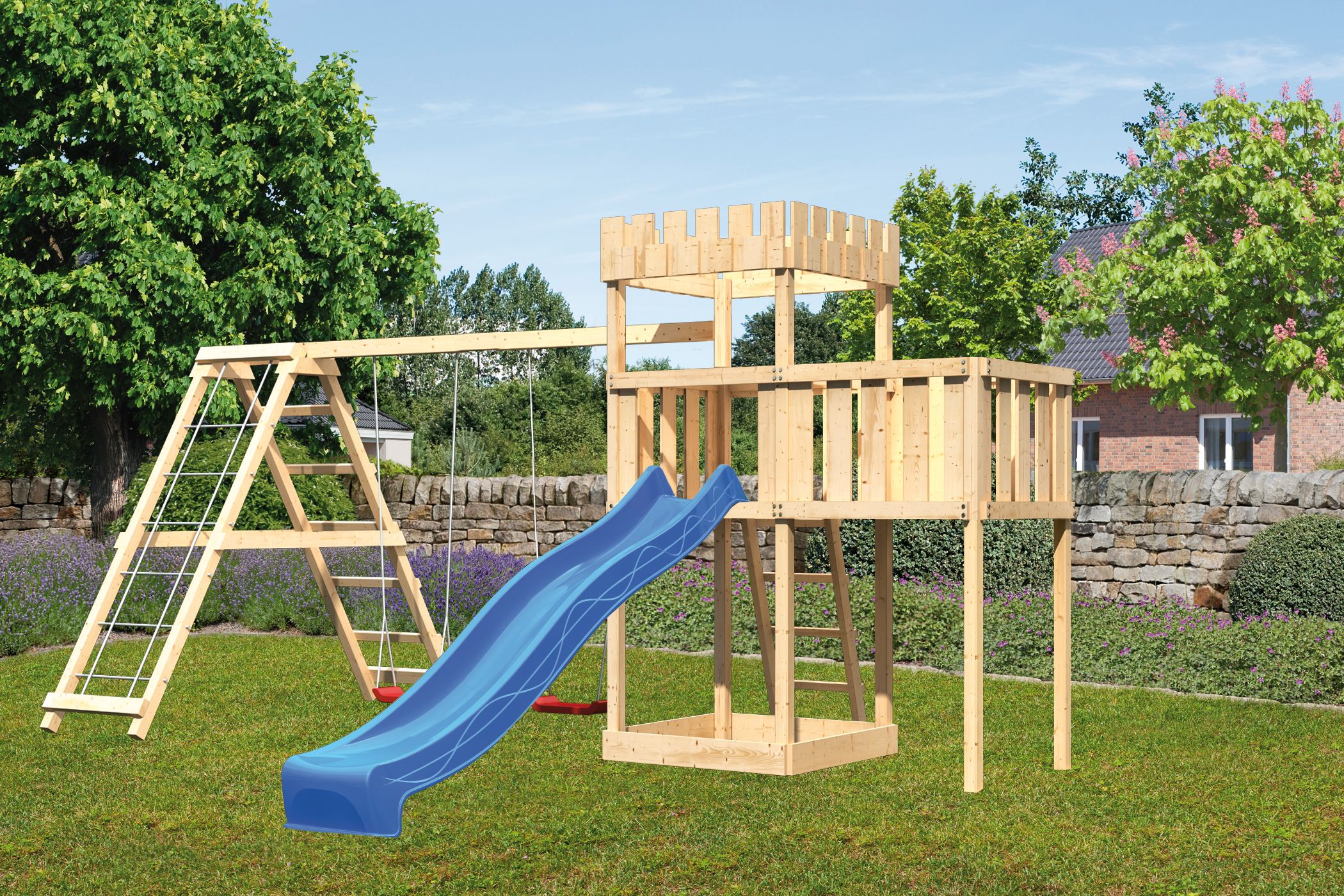 Akubi Kinderspielturm Ritterburg Löwenherz inkl. Wellenrutsche, Doppelschaukelanbau, Klettergerüst und Anbauplattform