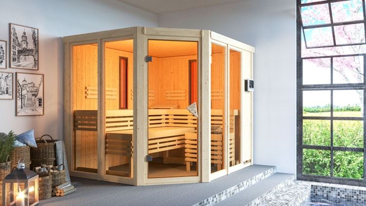 Karibu Multifunktions-Sauna Ava inkl. Infrarotstrahler mit Eckeinstieg 68 mm