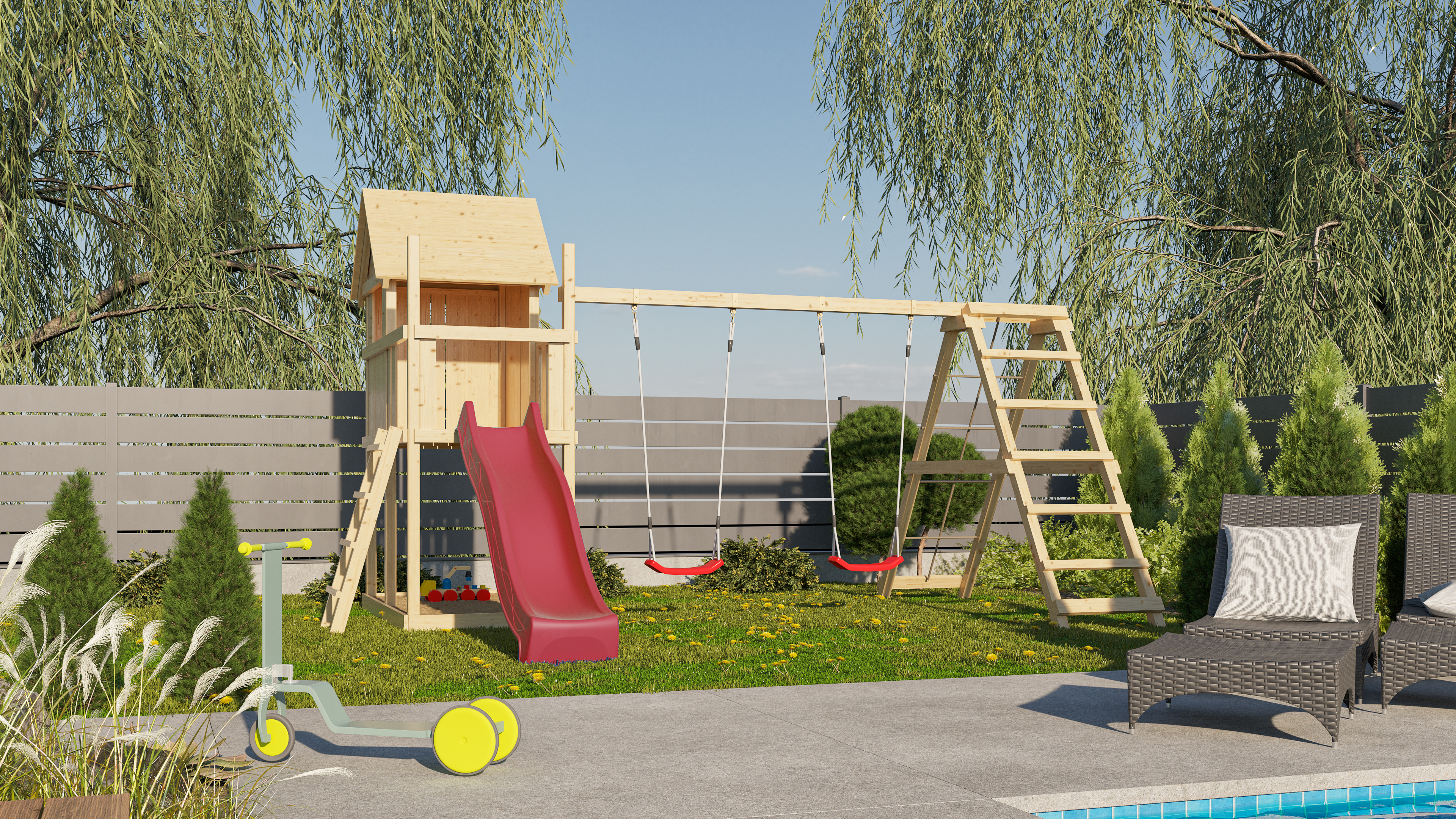Akubi Kinderspielturm Frieda mit Anbau, Rutsche und Doppelschaukelanbau mit Klettergerüst (Set C) inkl. gratis Akubi Farbsystem