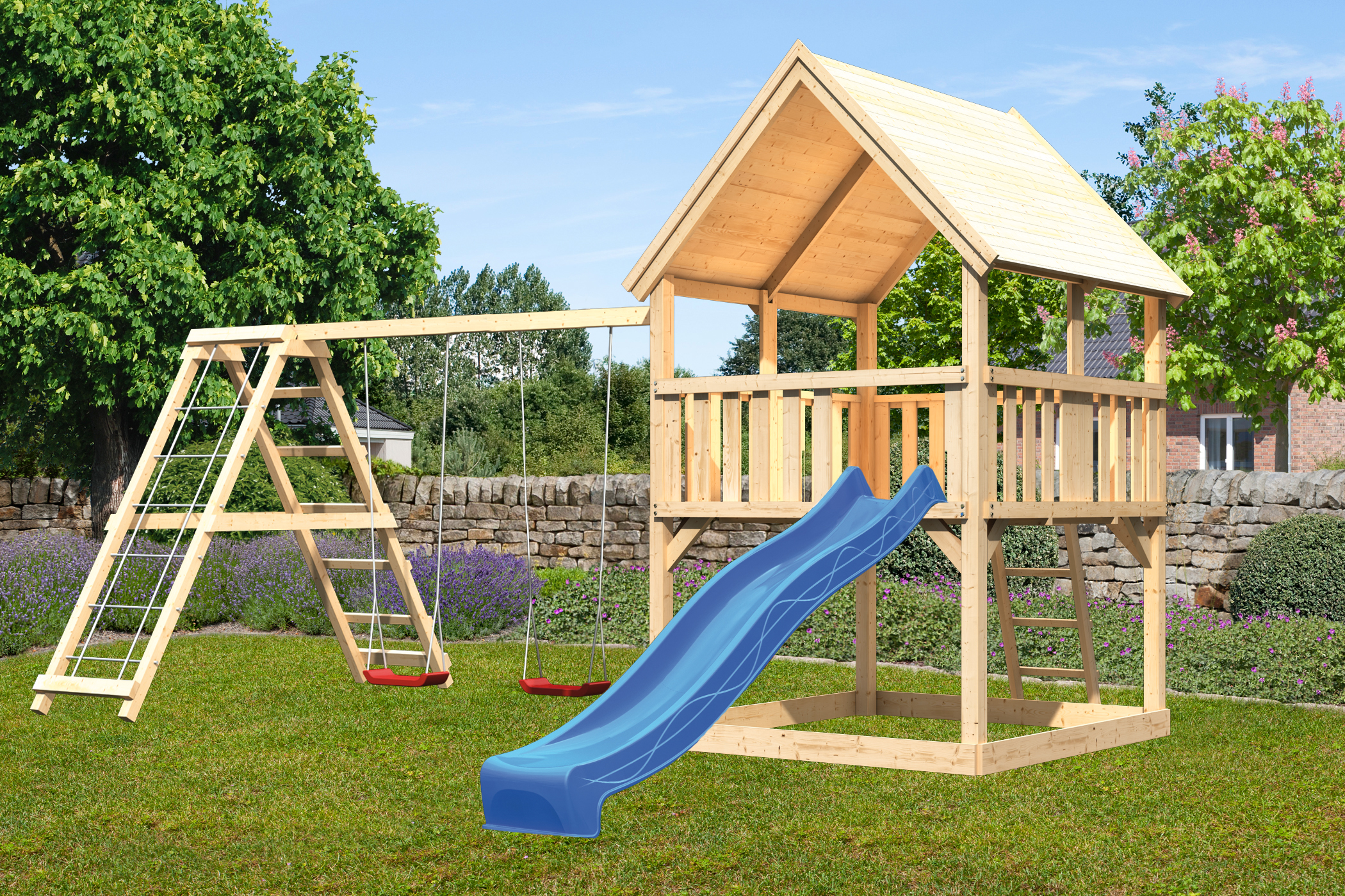 Akubi Kinderspielturm Luis inkl. Wellenrutsche und Doppelschaukelanbau mit Klettergerüst (Set C)