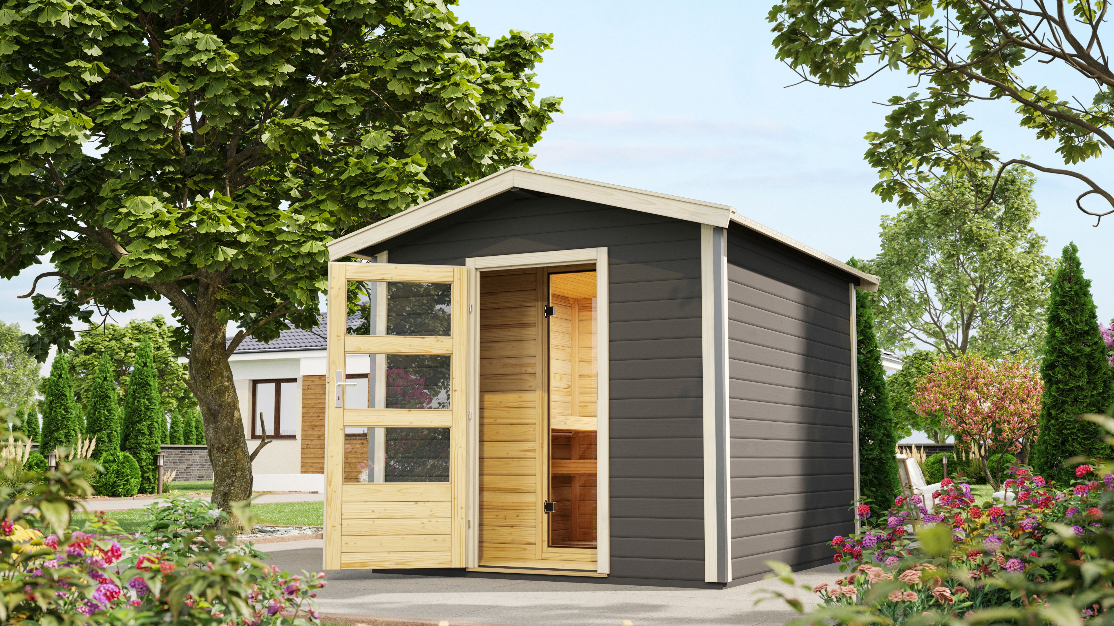 Karibu Bosse 1 - 38 mm Gartensauna mit Vorraum und Satteldach inkl. 9-teiligem Gratis-Zubehörpaket im Wert von 137,95 €