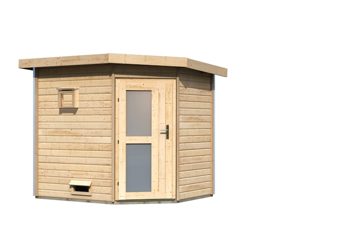 Karibu Gartensauna Pultdach Saunahaus Mikka mit Eckeinstieg naturbelassen inkl. gratis Saunaofen im Wert von 599,99 €