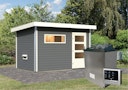 Vorschaubild Karibu Gartensauna Pultdach Saunahaus Skrollan 1 mit Vorraum terragrau inkl. gratis Saunaofen im Wert von 599,99 €