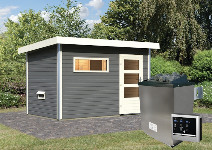 Karibu Gartensauna Pultdach Saunahaus Skrollan 1 mit Vorraum terragrau inkl. gratis Saunaofen im Wert von 599,99 €