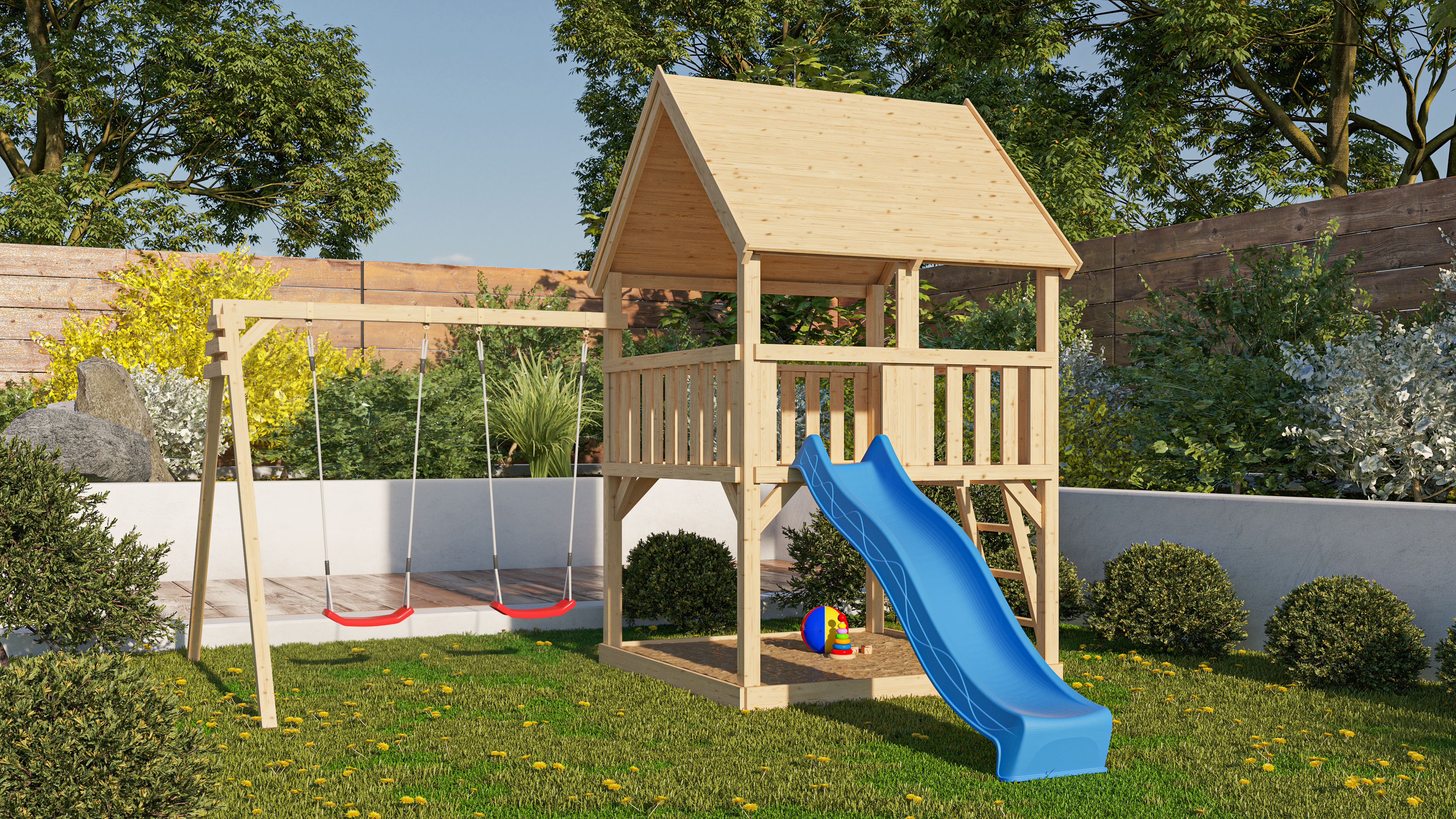 Akubi Kinderspielturm Luis inkl. Wellenrutsche und Doppelschaukelanbau (Set B)